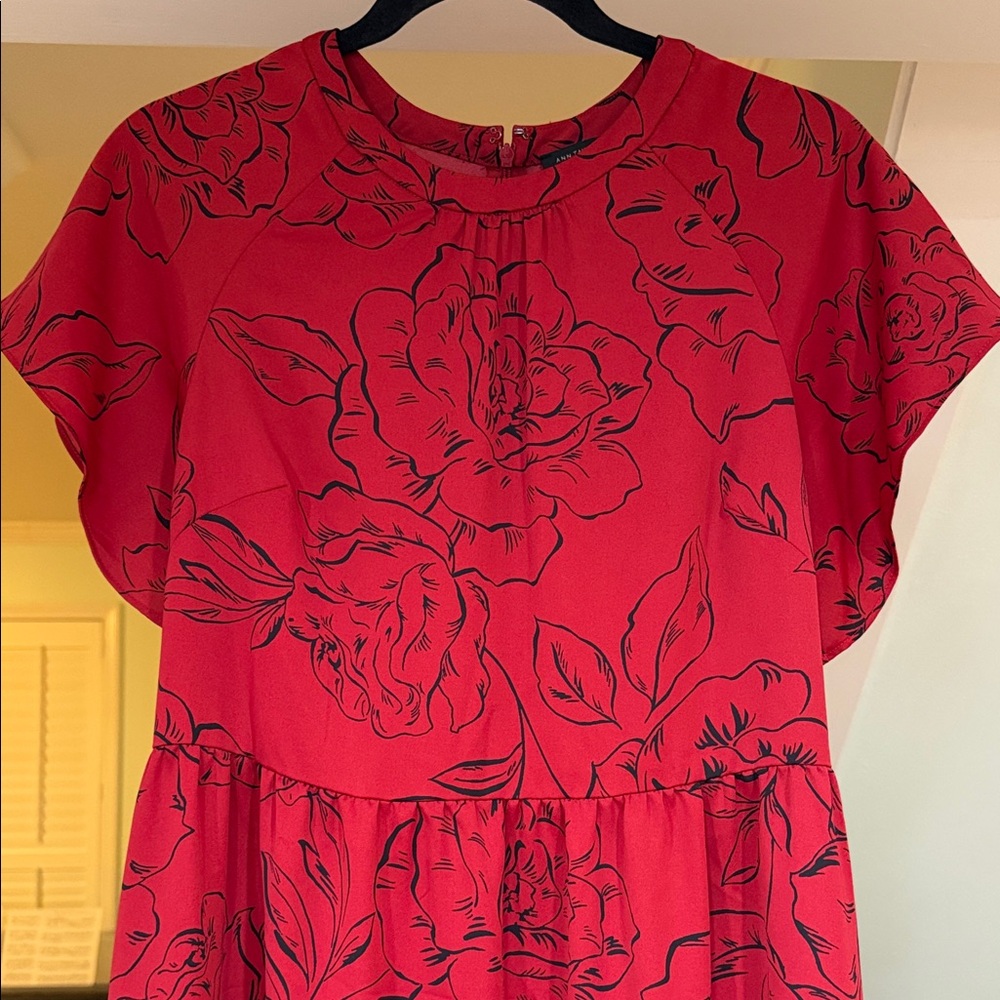 Ann Taylor factory Red Floral Midi Dress with Black Outline Print